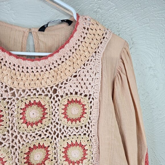 Zara Crochet Crop Top S Light Pink Linen Boho Cottage Hippie Long Sleeve Shirt - Picture 9 of 12
